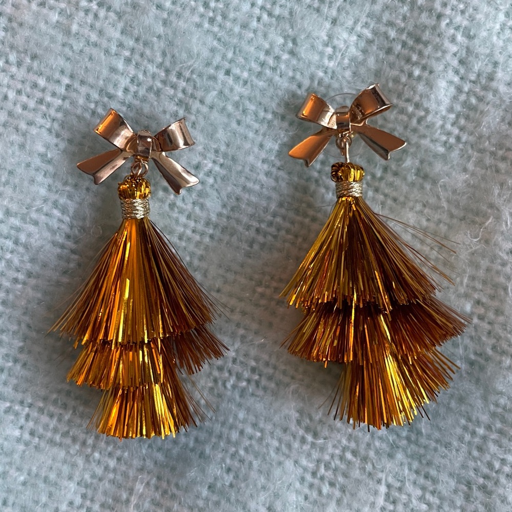 Boutique Gold Metallic Tinsel Tassel Metal Bow Earrings - Drop Dangle Sparkle